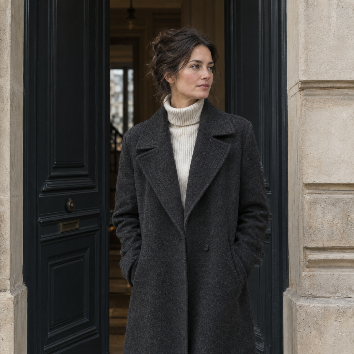 Femme en long manteau anthracite devant une porte cochère parisienne