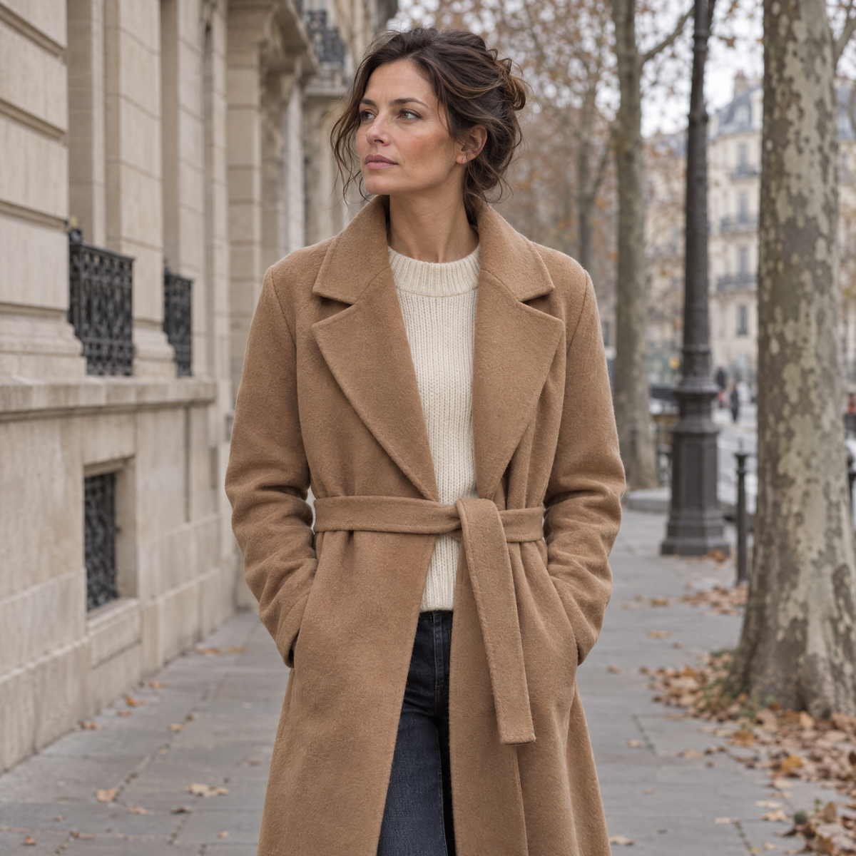 Femme en long manteau de laine camel ceinturé dans une rue parisienne