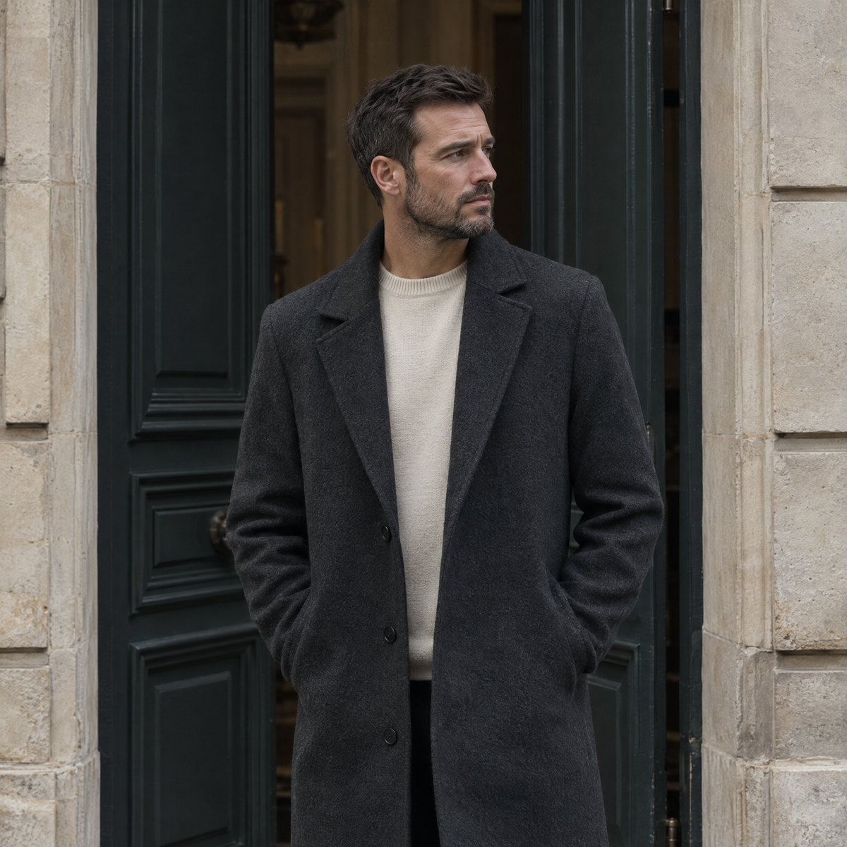 Homme en manteau de laine anthracite devant une porte cochère parisienne