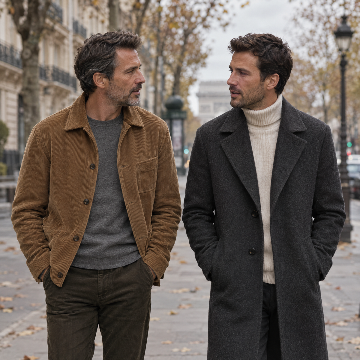 Deux hommes en manteau de laine et veste en velours côtelé sur un boulevard parisien