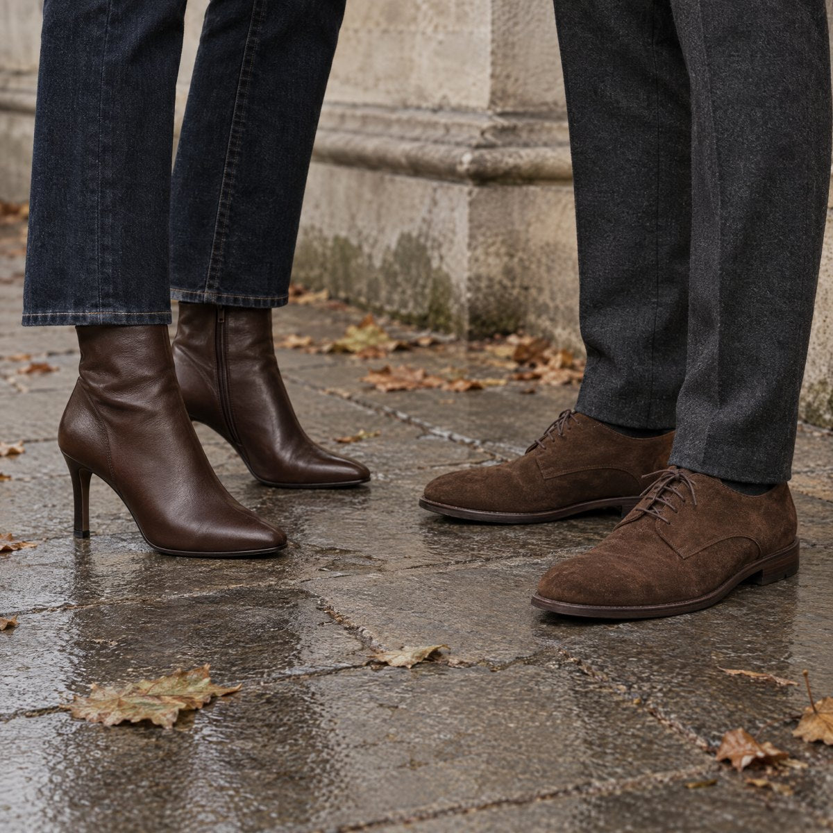 Bottines en cuir et derbies en daim bruns sur des pavés humides