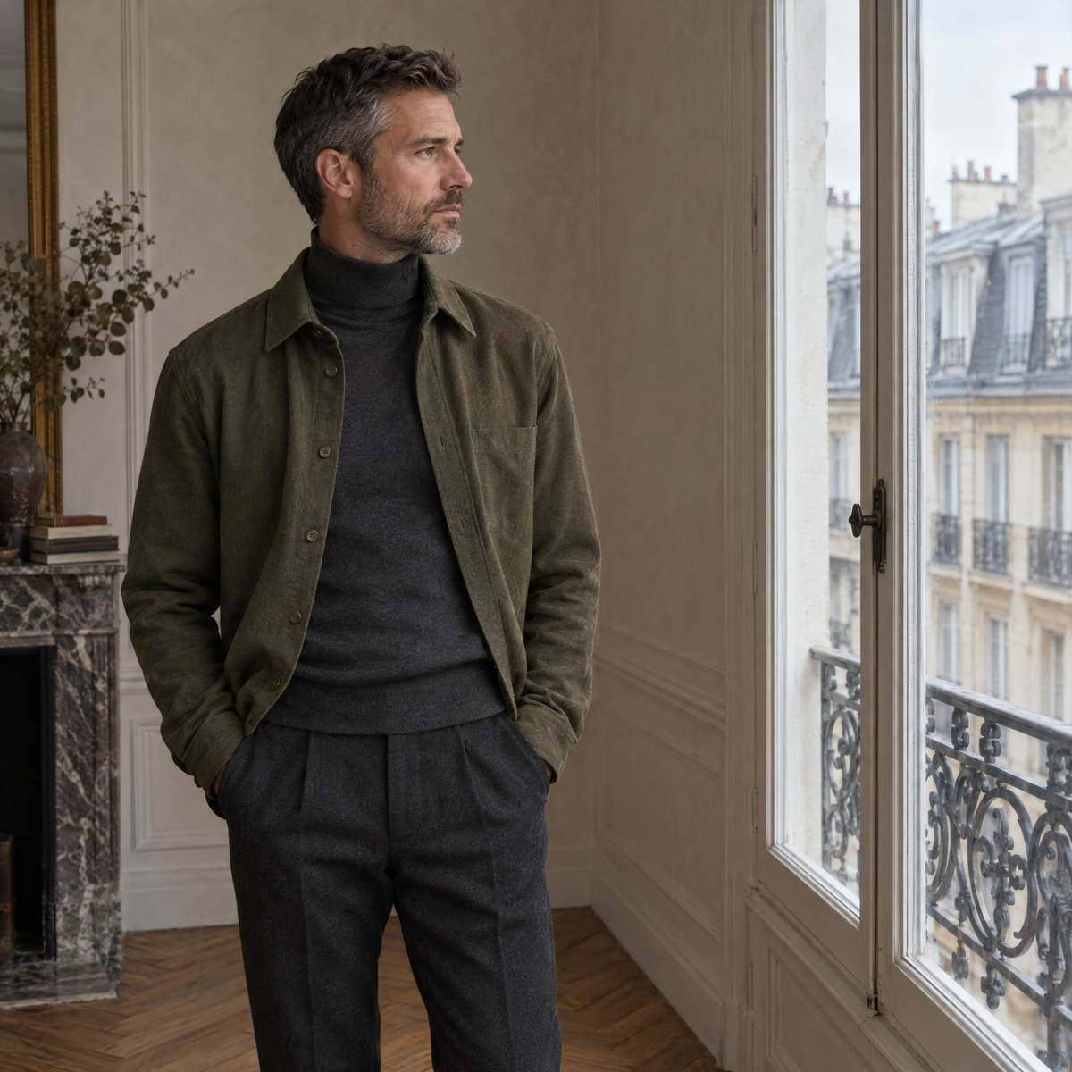 Homme en surchemise olive et col roulé anthracite devant une fenêtre parisienne