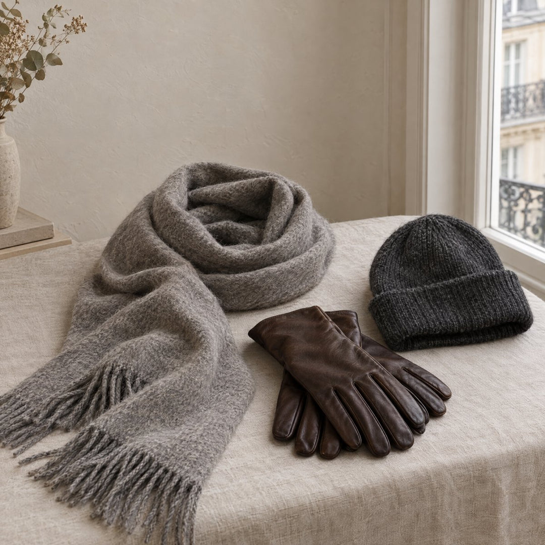 Écharpe en laine, gants en cuir et bonnet en maille posés sur du lin