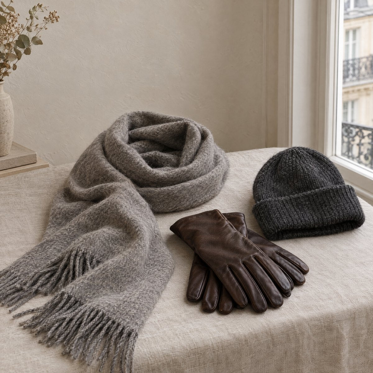 Écharpe en laine, gants en cuir et bonnet en maille posés sur du lin