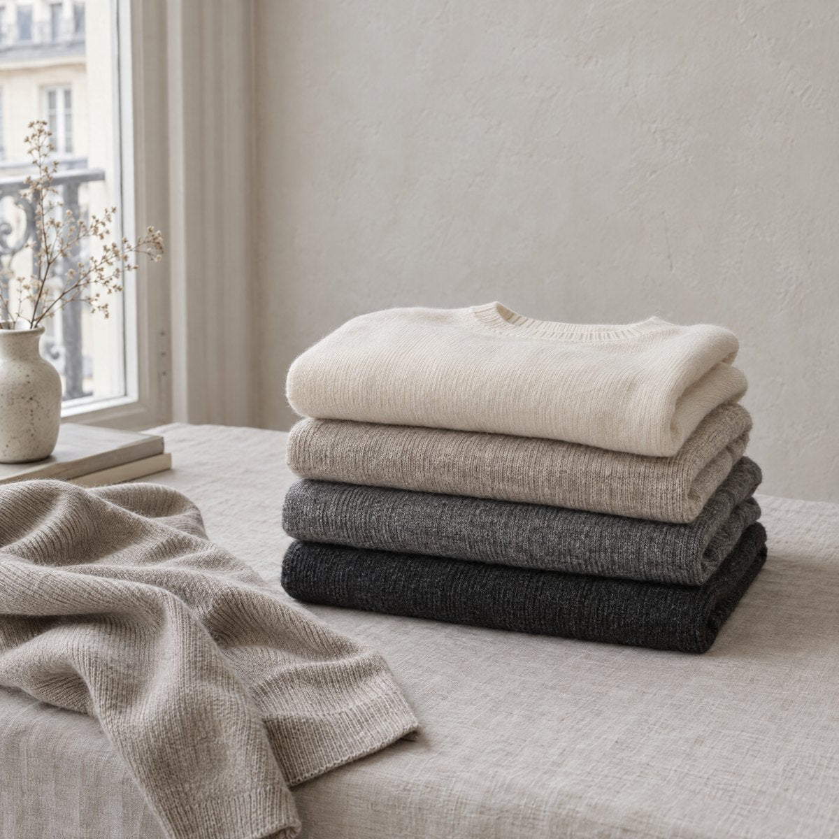 Pulls en maille pliés dans des tons crème, gris et anthracite