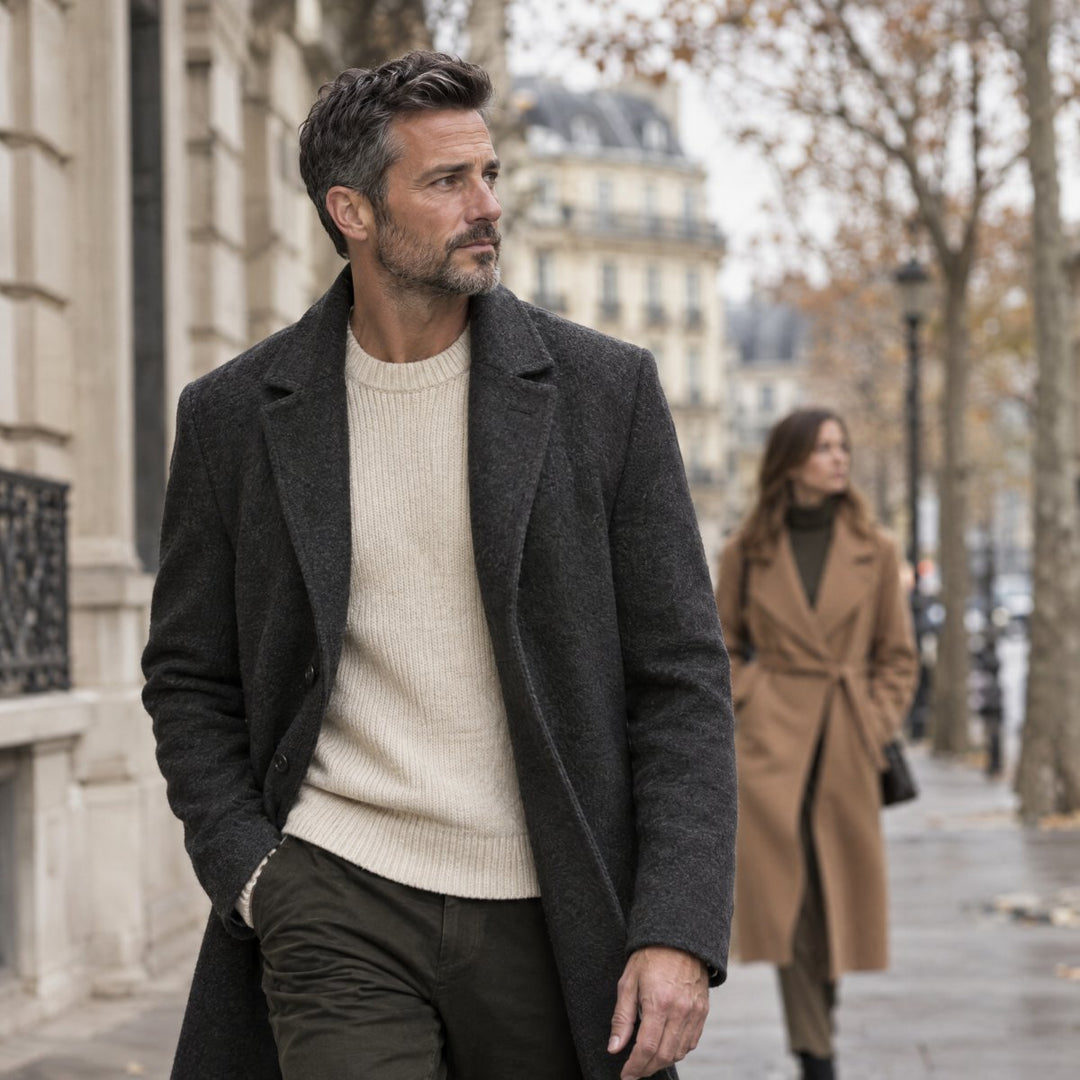 Homme en manteau de laine anthracite sur un trottoir parisien en automne