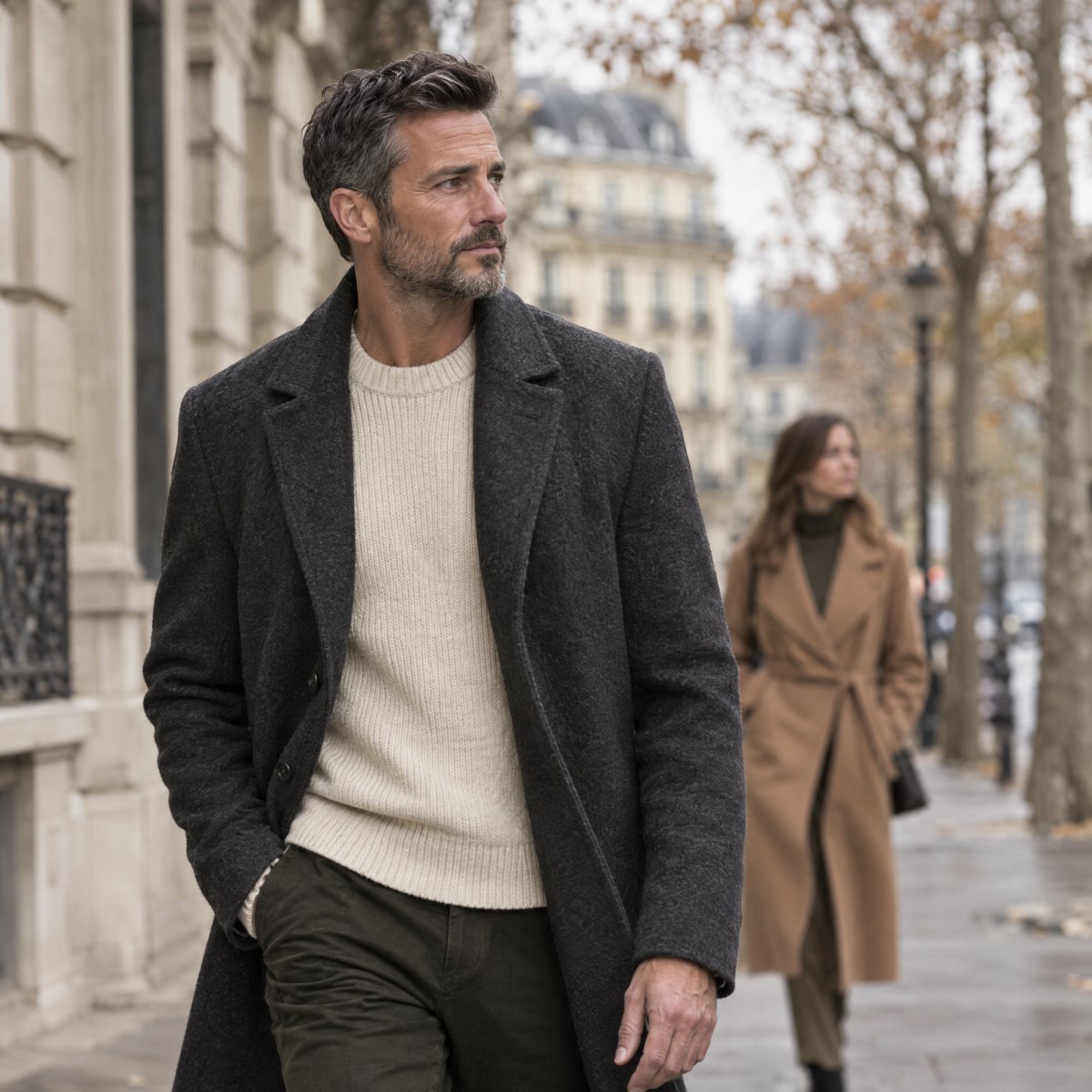 Homme en manteau de laine anthracite sur un trottoir parisien en automne