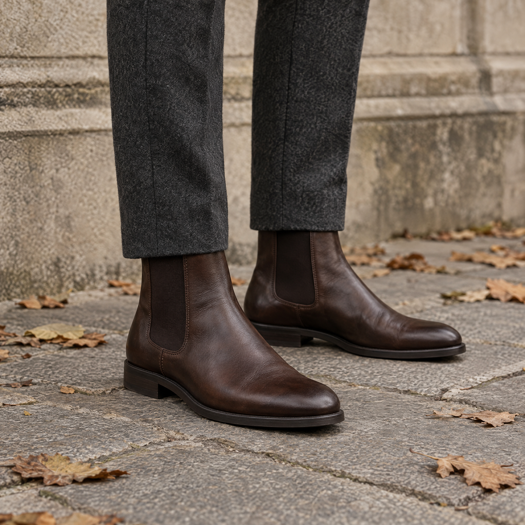 Bottines Chelsea en cuir brun et pantalon de flanelle anthracite