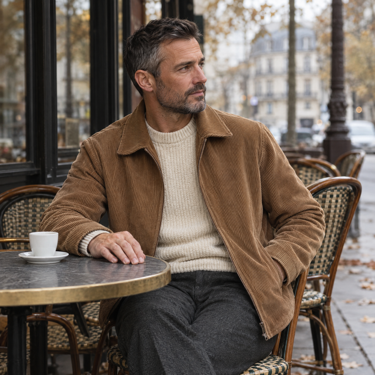 Homme en veste de velours côtelé camel assis en terrasse à Paris