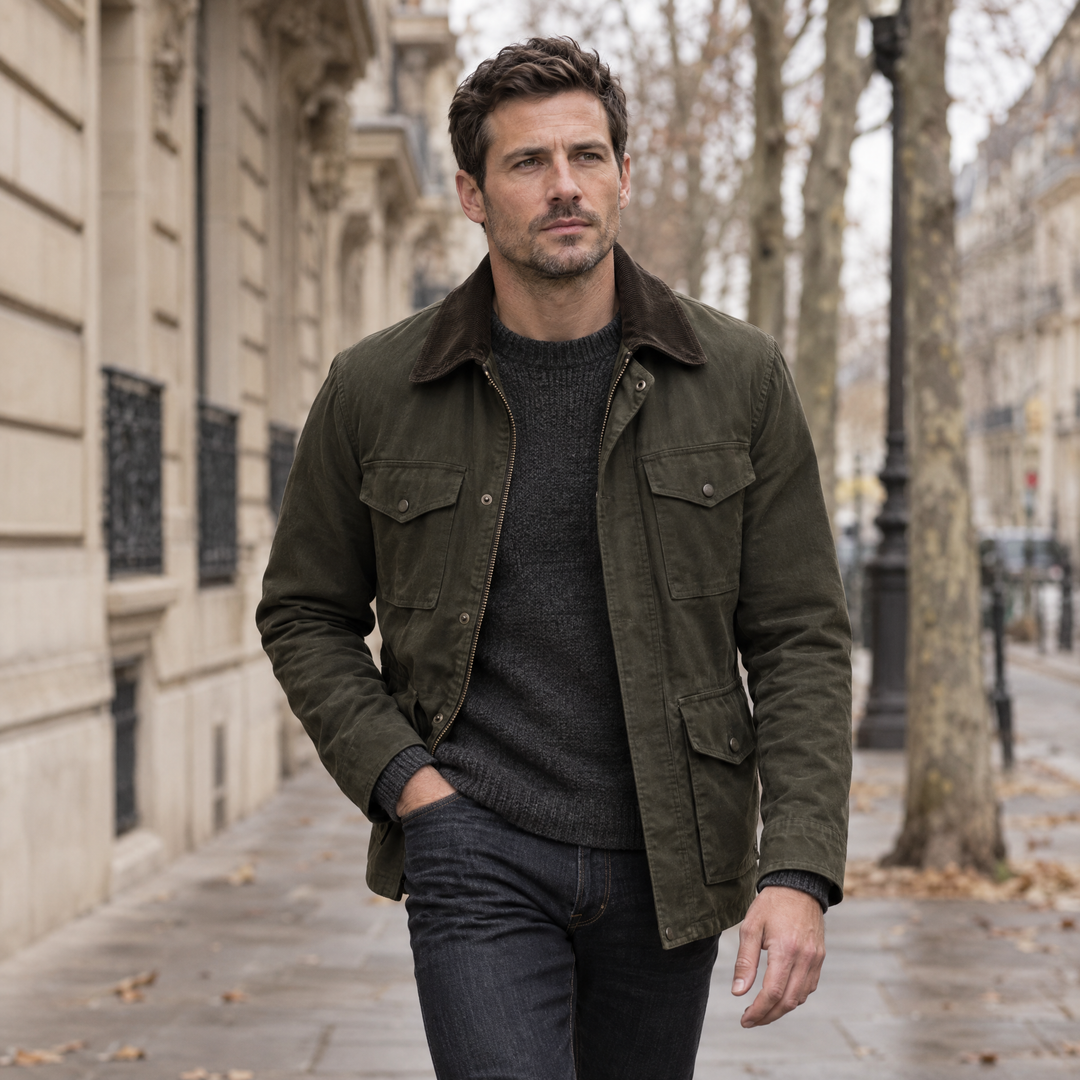 Homme en veste de style militaire olive marchant dans une rue parisienne