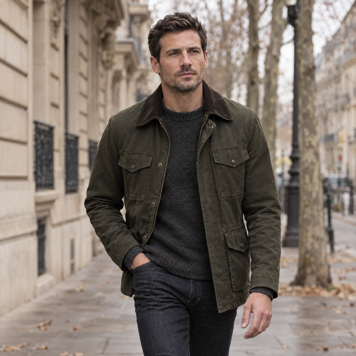 Homme en veste de style militaire olive marchant dans une rue parisienne