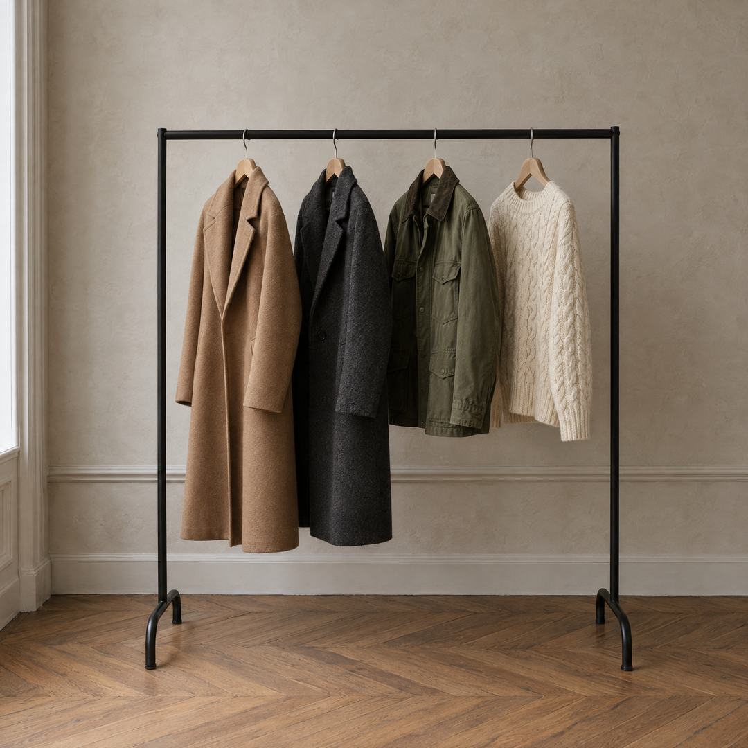 Portant de vêtements d'automne : manteaux, veste et pull en maille