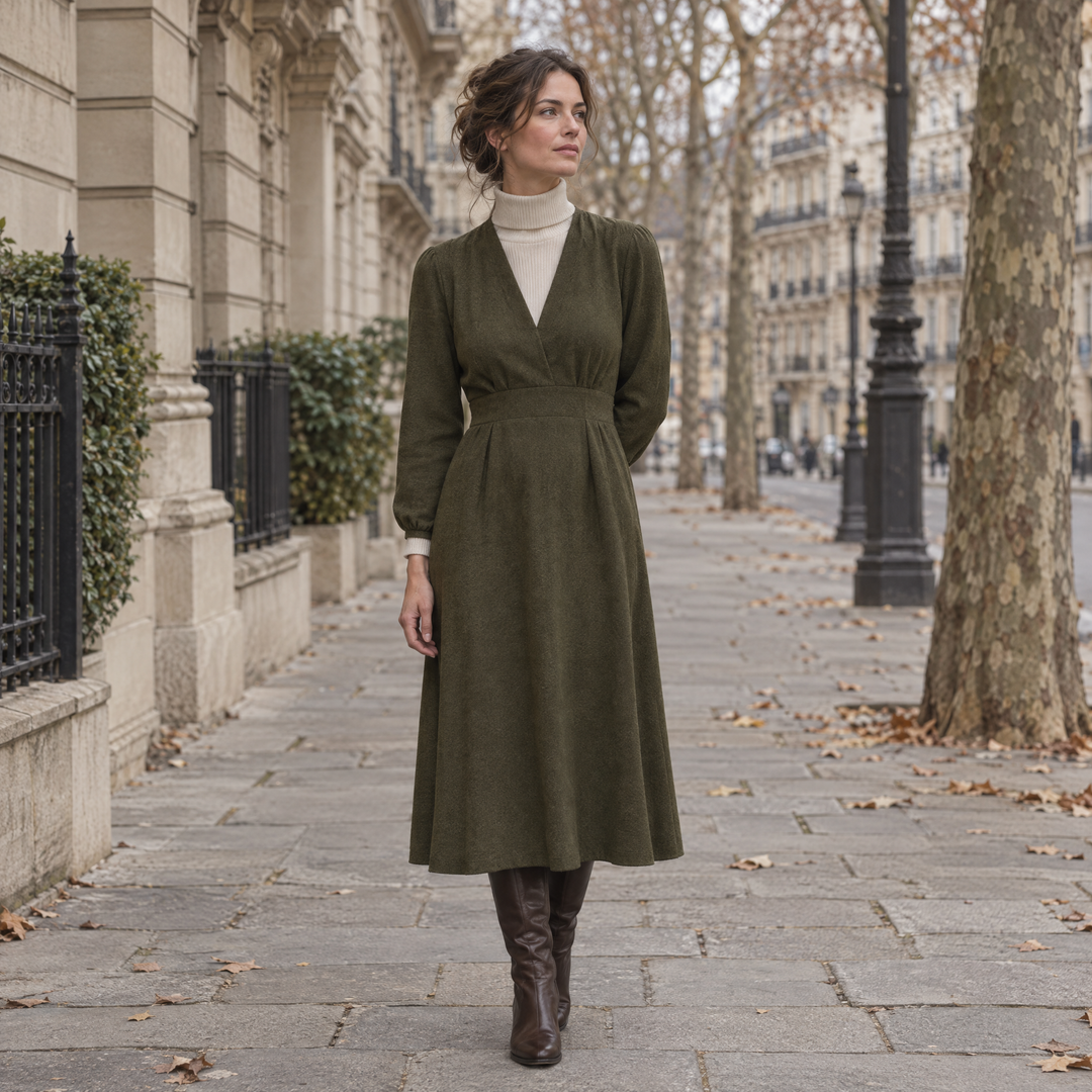 Femme en robe longue olive et bottes en cuir brun dans une rue parisienne