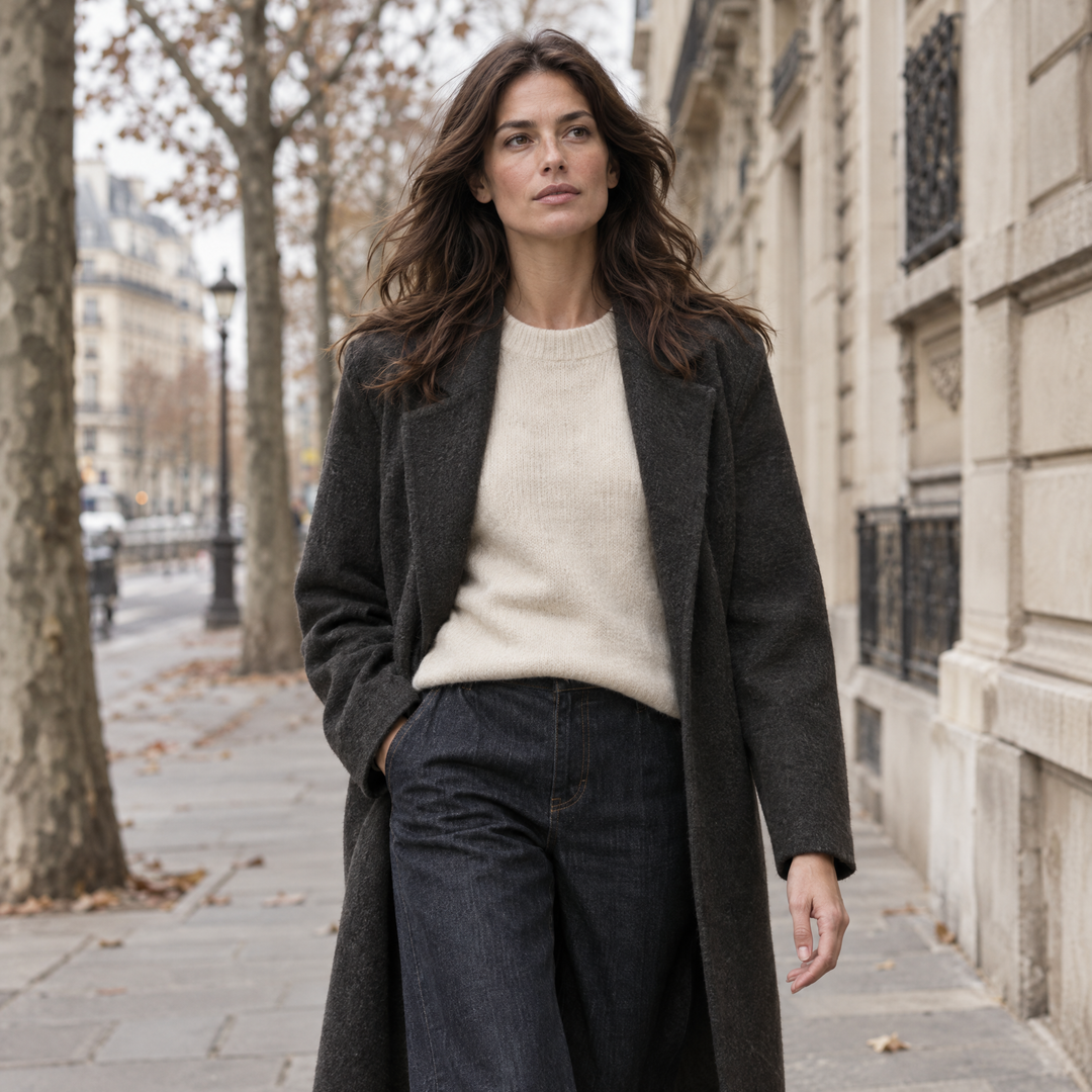 Femme en manteau anthracite marchant dans une rue parisienne