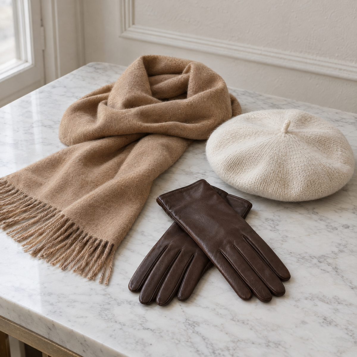 Écharpe en laine camel, gants en cuir et béret en maille sur du marbre