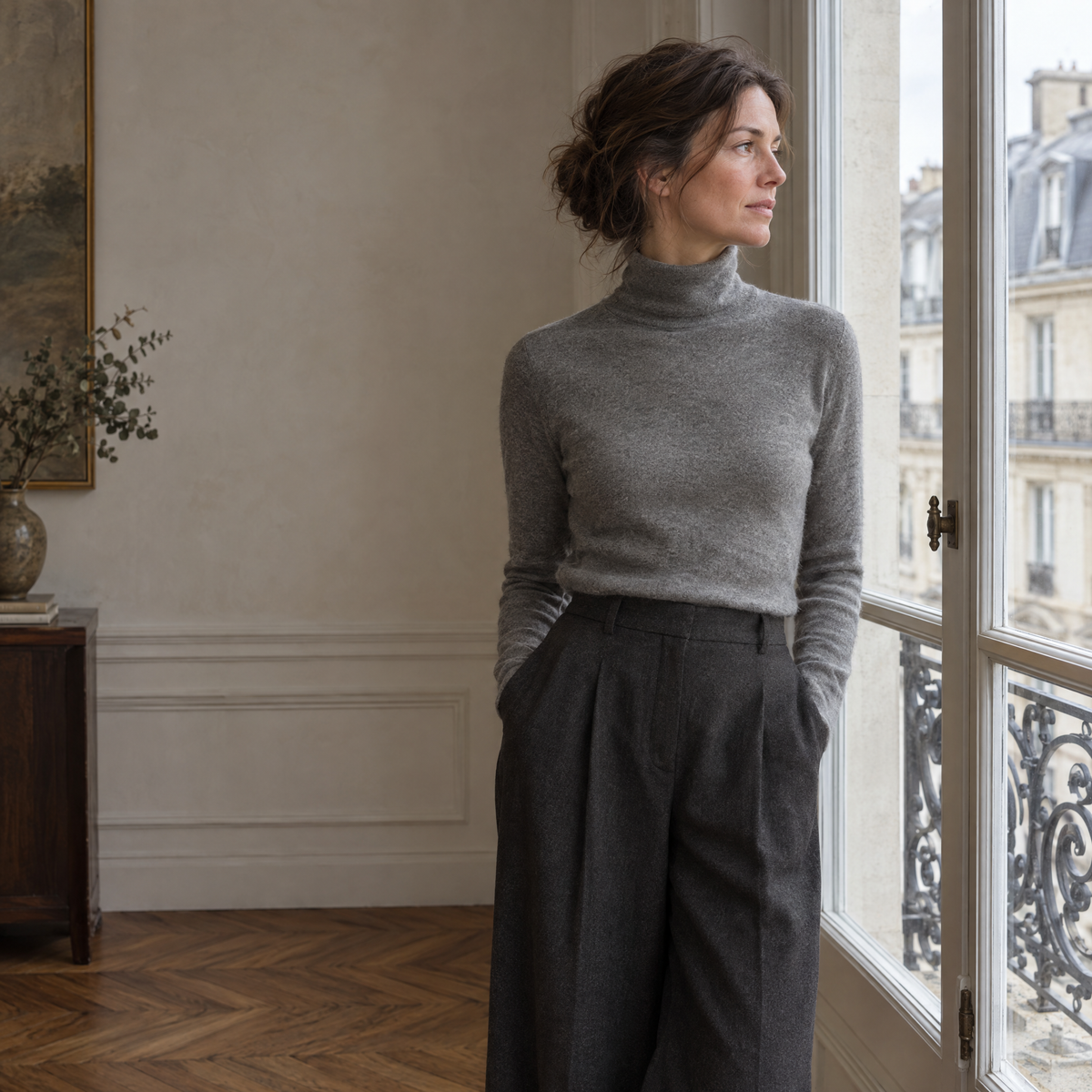 Femme en col roulé gris et pantalon large devant une fenêtre parisienne