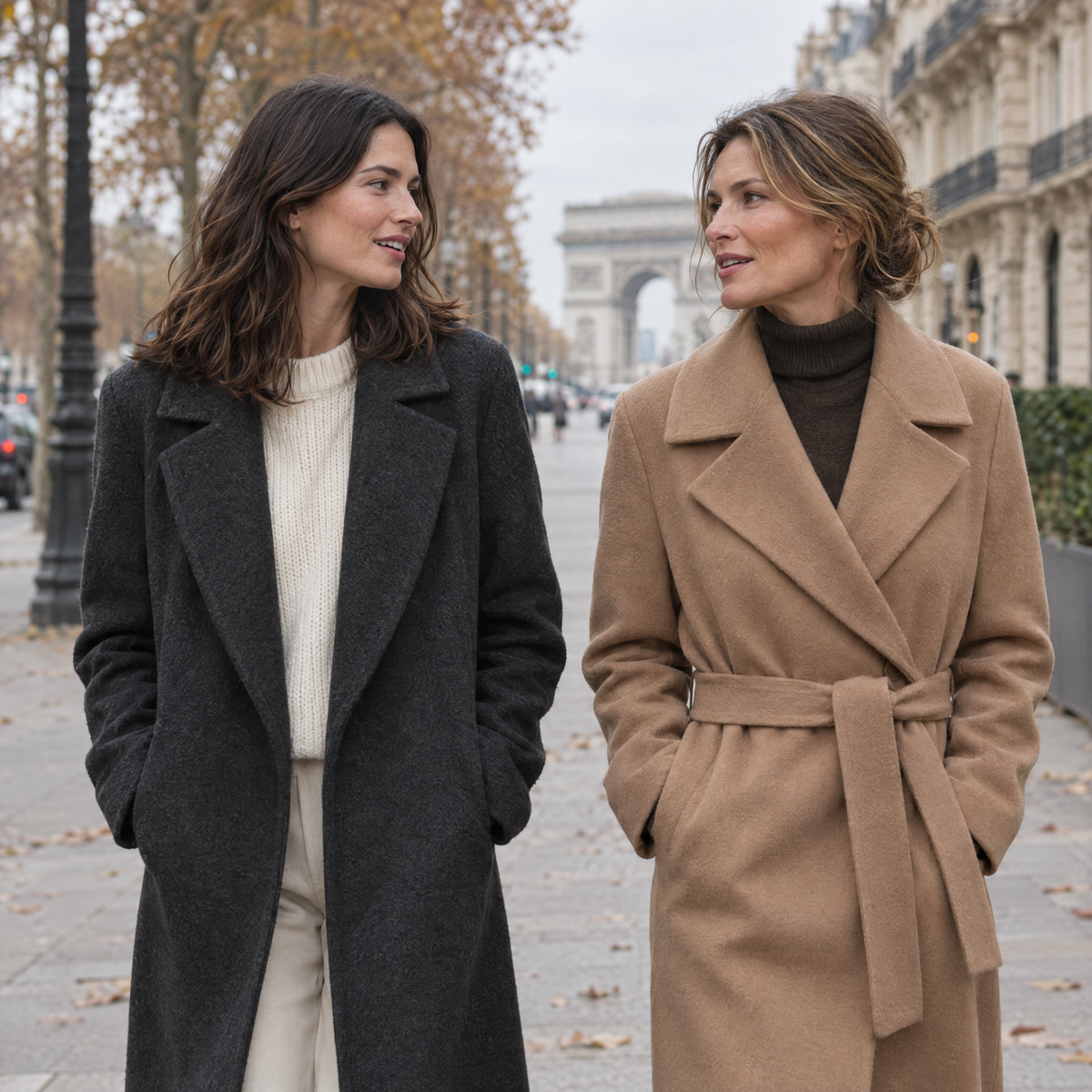 Deux femmes en manteaux de laine camel et anthracite à Paris