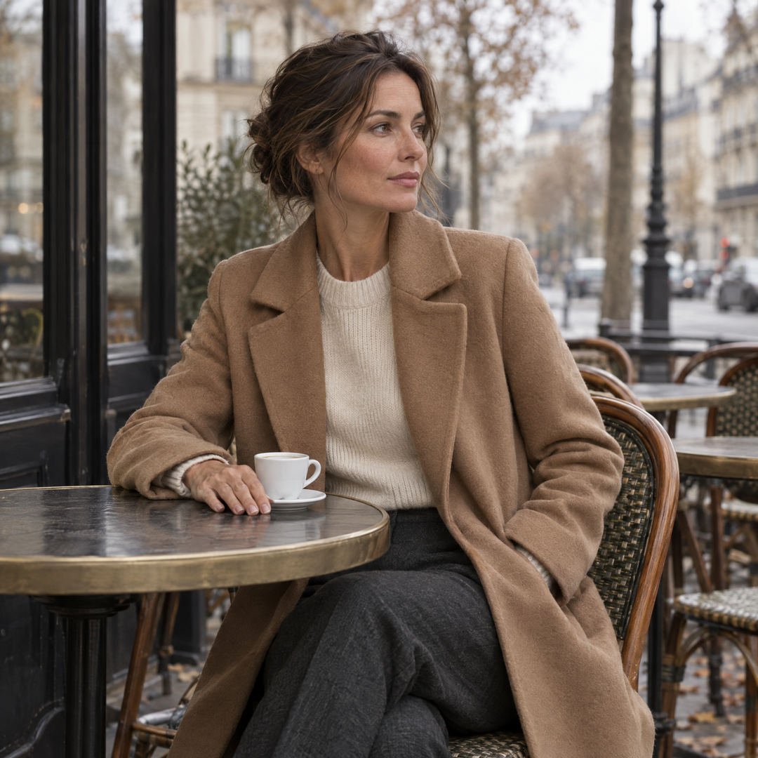 Femme en manteau camel assise en terrasse à Paris