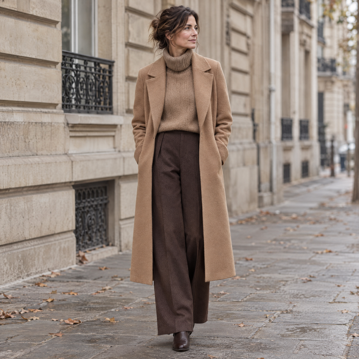 Tenue d'automne coordonnée : manteau camel, col roulé et pantalon marron