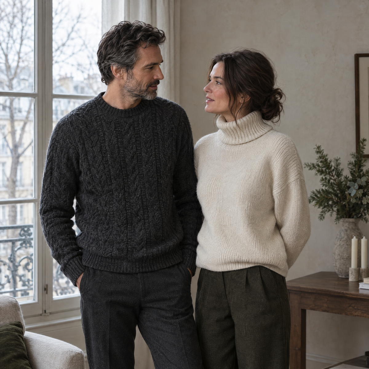 Homme et femme en maille épaisse dans un intérieur parisien en hiver