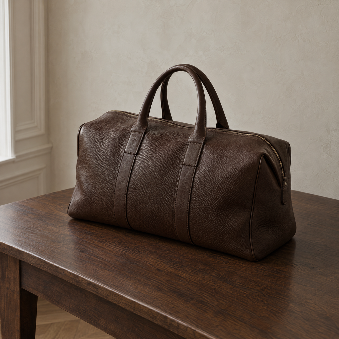 Sac de voyage en cuir brun grainé posé sur une table en noyer