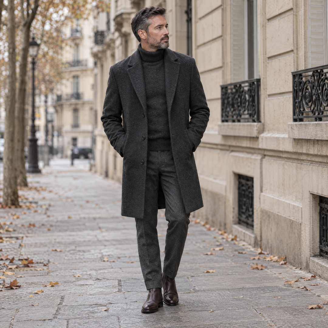 Tenue d'automne coordonnée pour homme : manteau, col roulé et pantalon anthracite