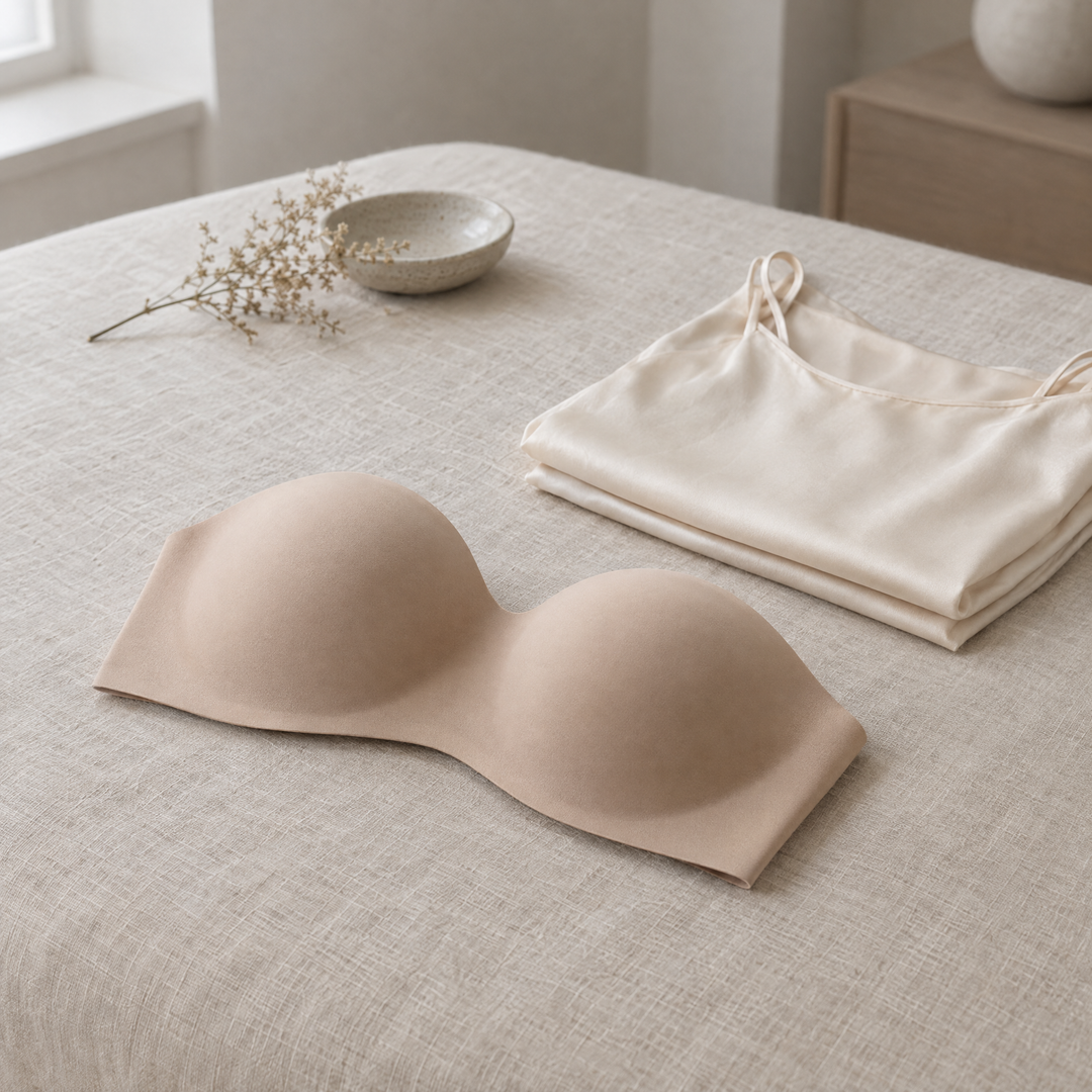 Soutien-gorge sans bretelles invisible et caraco en soie posés sur du lin