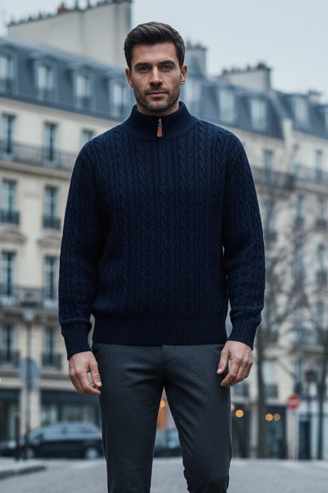 Man in a navy sweater and gray pants standing on a cobblestone street in an urban setting.