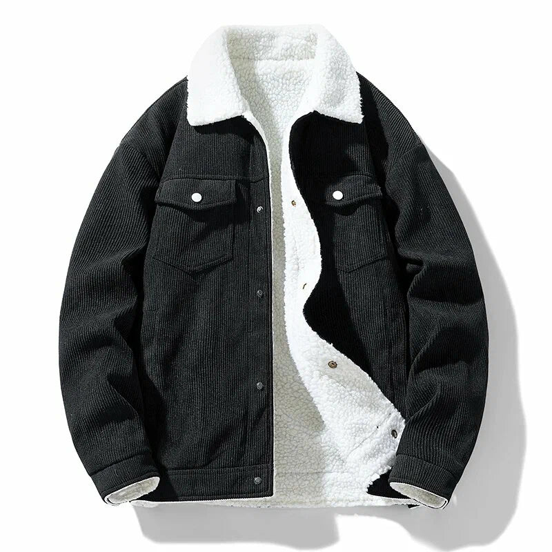 Black corduroy jacket with white fleece lining on a white background