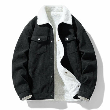 Black corduroy jacket with white fleece lining on a white background