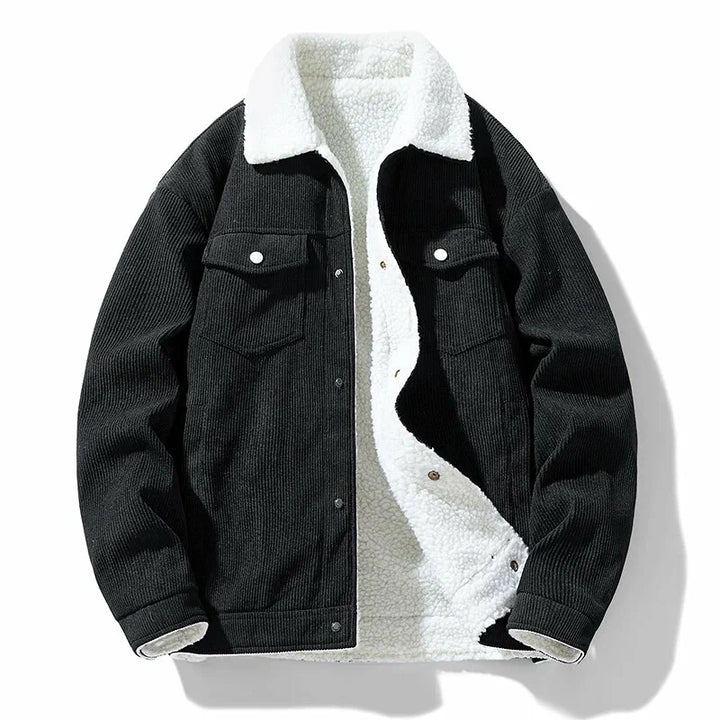 Black corduroy jacket with white fleece lining on a white background