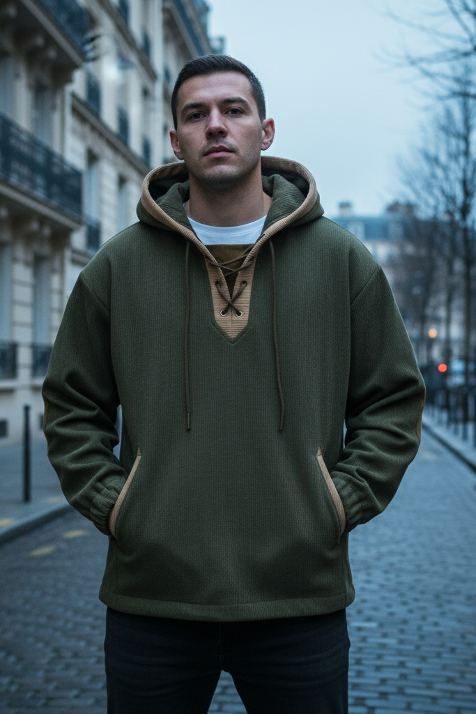 Man wearing a green hoodie with a beige hood in an urban setting