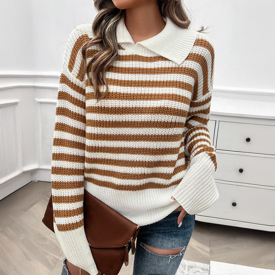 Liorra Striped Collared Knit Sweater