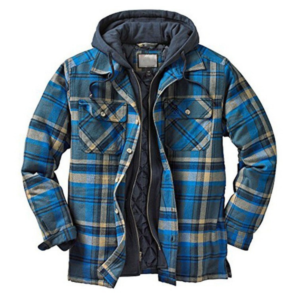Blue plaid jacket with a hood on a white background