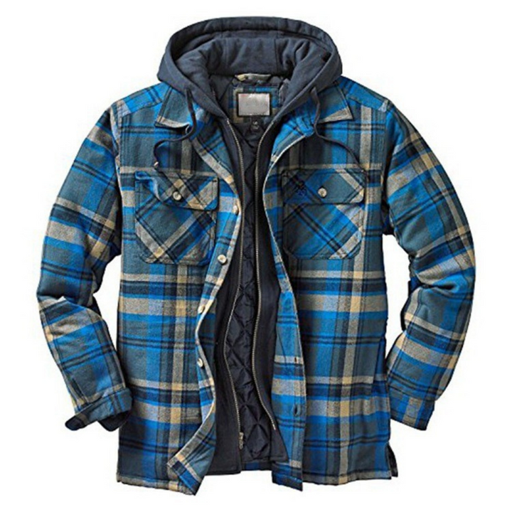 Blue plaid jacket with a hood on a white background