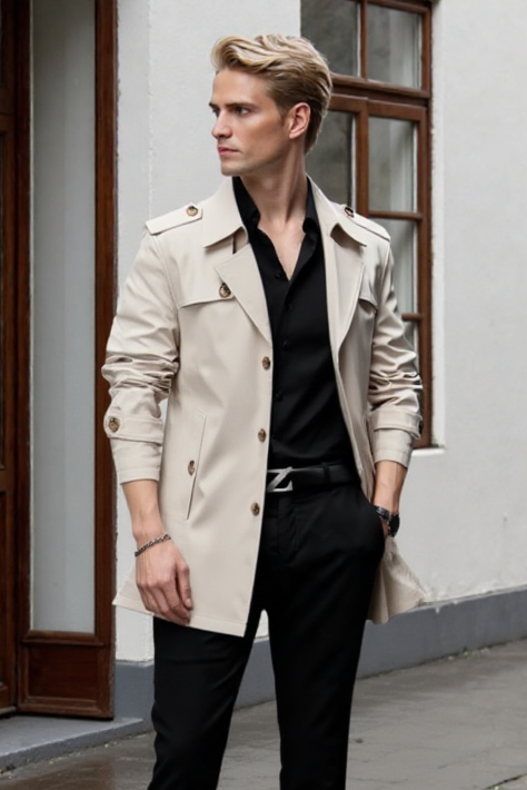 Man wearing a beige trench coat over a black shirt and pants on a city street.