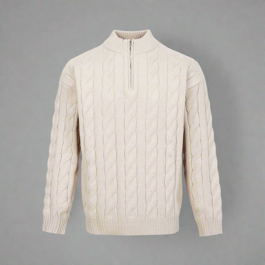 Beige cable knit sweater with a quarter zip on a white background
