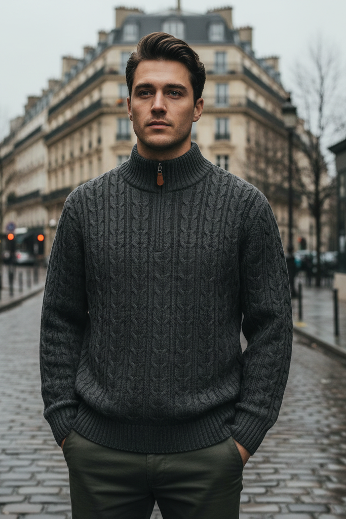 Man wearing a dark gray cable knit sweater on a city street.