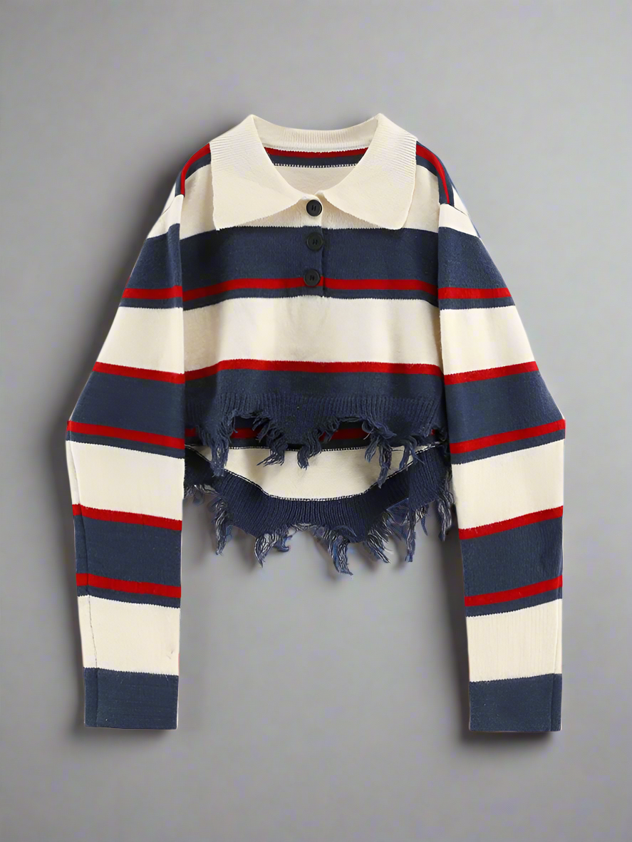 Striped sweater with a collar on a gray background