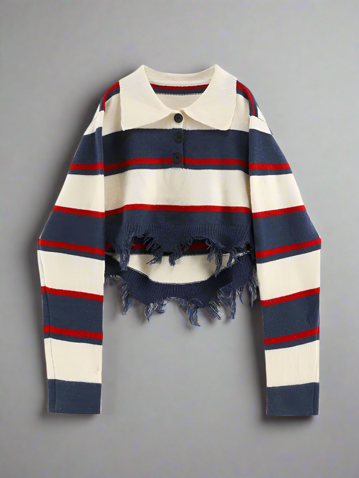Striped sweater with a collar on a gray background