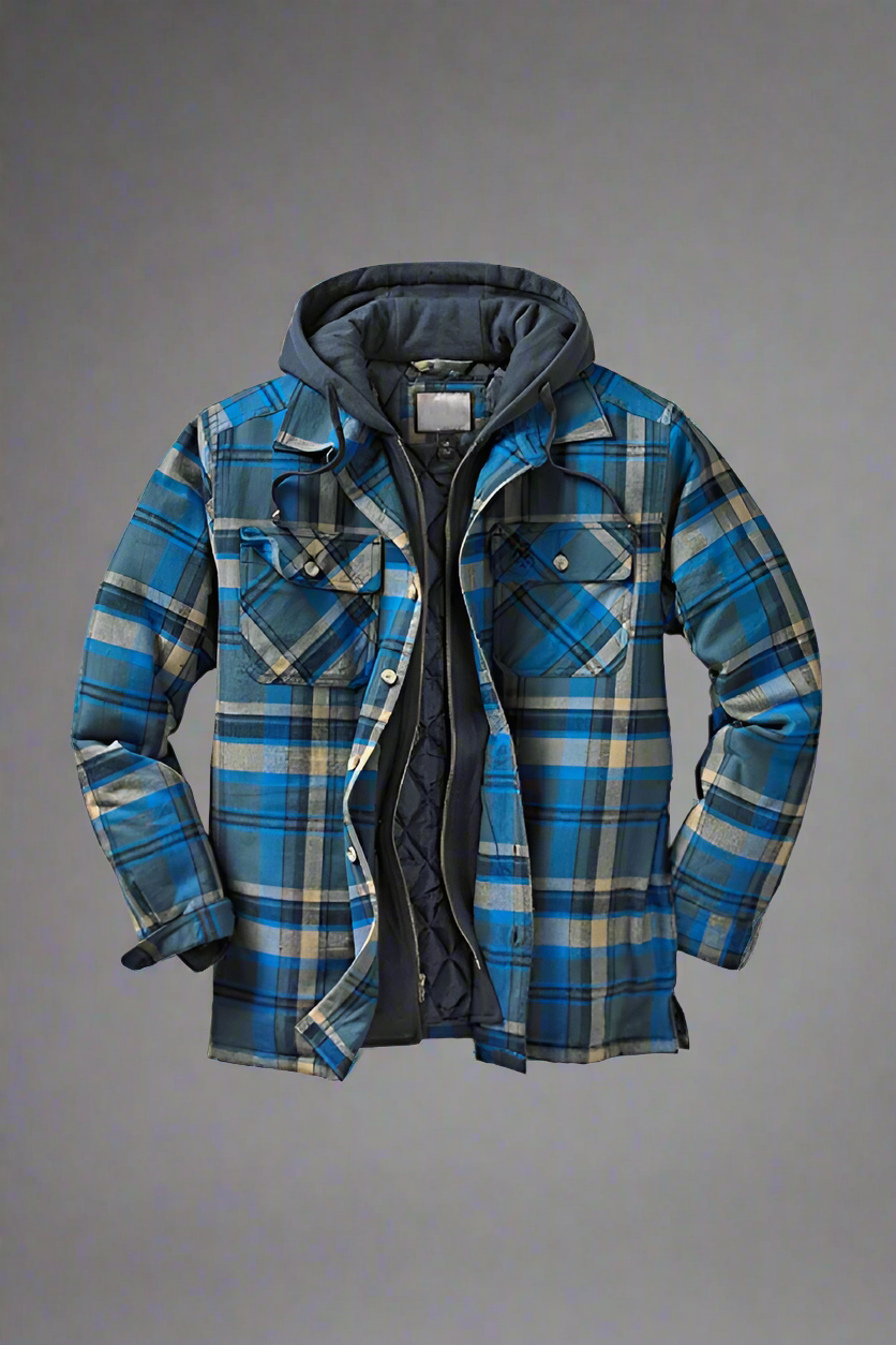 Blue plaid jacket with a hood on a white background