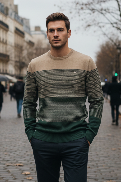 Man standing on a city street with buildings and pedestrians in the background