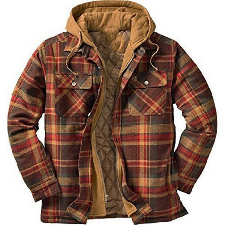 Plaid jacket with brown hood and lining on a white background