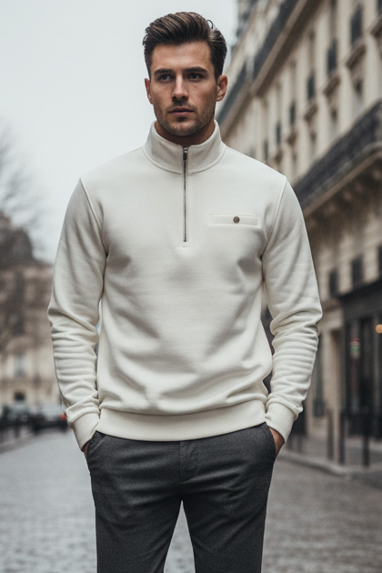 Man wearing a white sweater and dark pants walking on a city street.