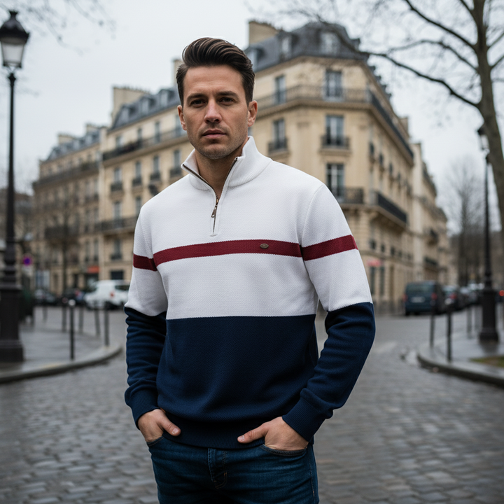 Man wearing a white, red, and navy sweater on a city street.