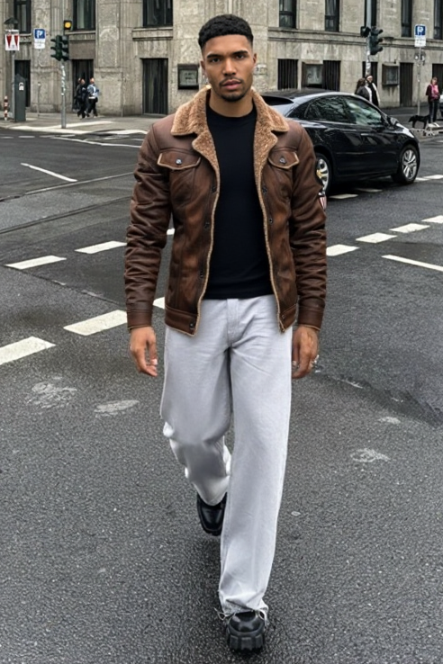 Man walking on a city street wearing a brown leather jacket and light gray pants.