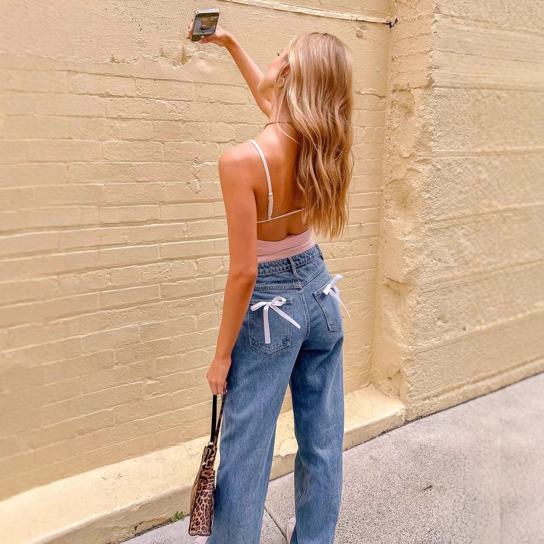 Selviera Bow-Back Straight Denim Pants