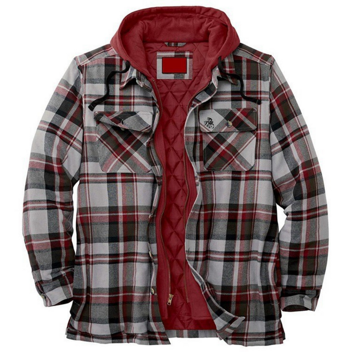 Plaid jacket with red interior and hood on a white background