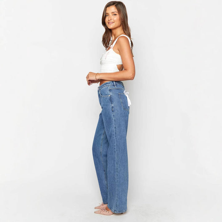 Selviera Bow-Back Straight Denim Pants