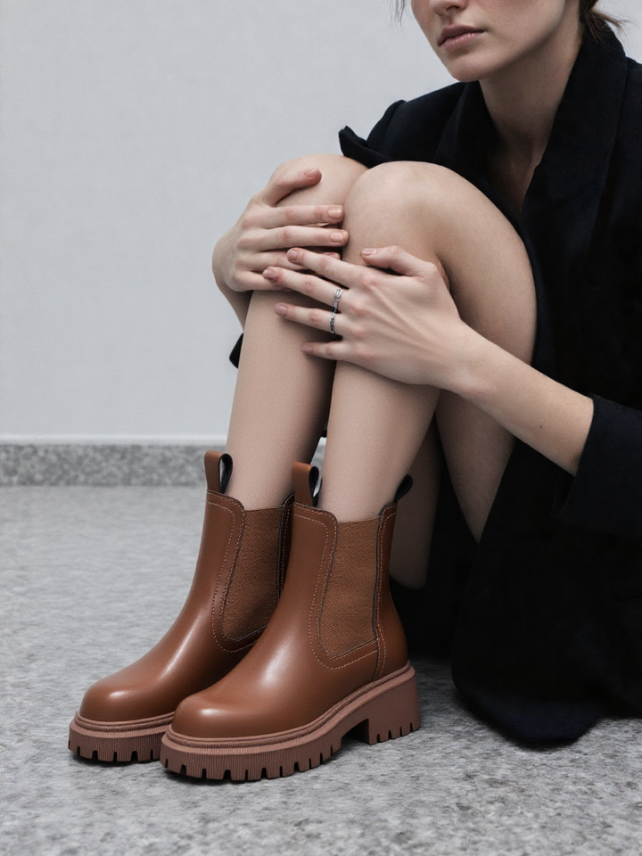 Person wearing brown ankle boots sitting on a gray floor.